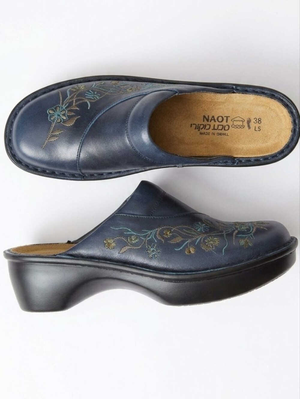 Blue Leather Clogs Embroidered Size 36 Imported